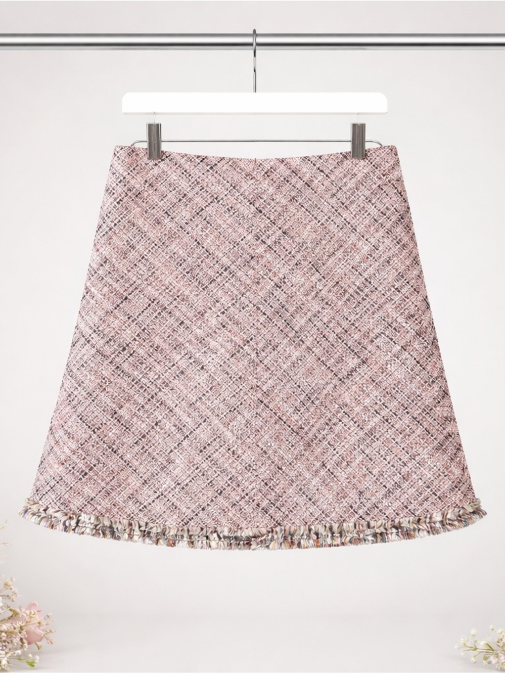 Casual Corner Vintage Blush Pink Tweed A-Line Skirt with Fringed Hem
